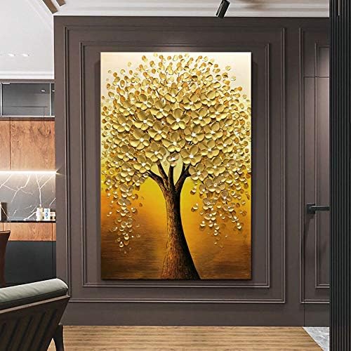 Картини с маслени бои Yotree, 24x36 Инча Златни Цветя от Дърво на Дърво Късмет Ръчно Рисувани Живопис с маслени Бои 3D Ръчно Рисувани Върху
