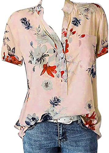Женска тениска с V-образно деколте и копчета Голям Размер с Флорални Принтом, Градиент Блуза С Къси ръкави, Най-Туники