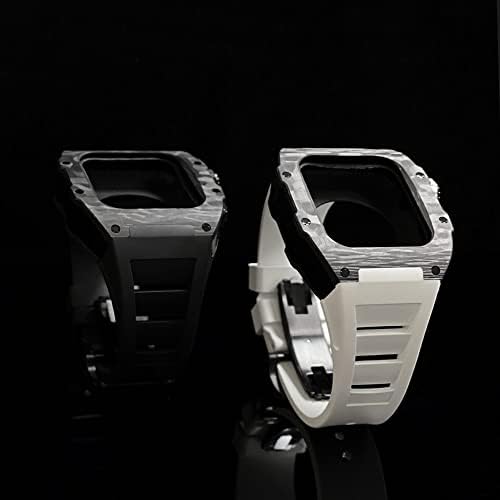 VEVEL Луксозен калъф от въглеродни влакна, набор ленти за Apple Watch Series 8, 45 мм и каишка от Каучук, комплект за промяна безеля със