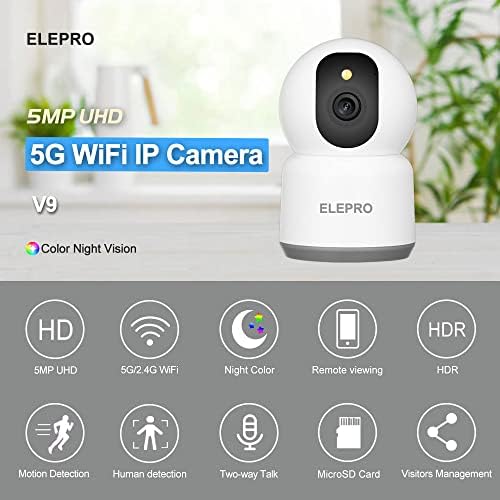 ELEPRO【Камера за домашни любимци с поддръжка на Wi-Fi 5 Mp, 5 Ghz, Помещение за помещения с цветен нощно виждане, Мрежова камера с автоматично проследяване на PTZ за домашна с?