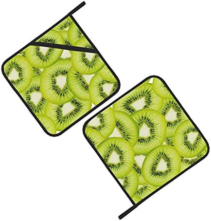 Зелен Плод Резен Киви Огнеупорни Мат, Термоустойчиви Квадратни кухненски ръкавици 2 броя кухненски ръкавици за Фурна 8 × 8 Инча за Готвене