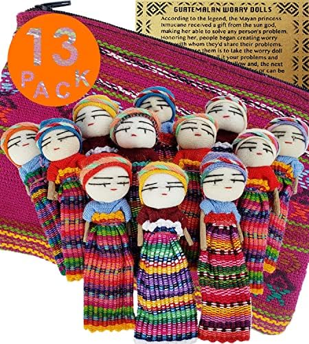5ô2 12 Супер Скъп Големи кукли Worry + 1 Безплатен чанта от гватемала, платове, Ръчно изработени Worry Кукла за нашия набор Guatemala Worry Dolls - Кукли Worry Гватемала - Гватемалски - Guat