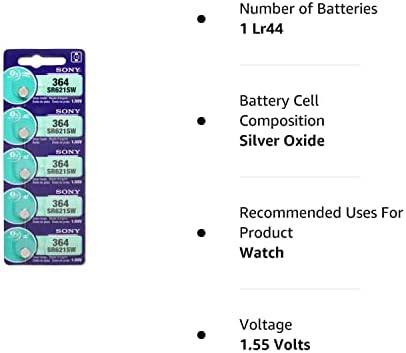 Батерия за часовник Sony 364 (SR621SW) 1,55 от азотен сребро 0% живак, не съдържаща живак (5 батерии)
