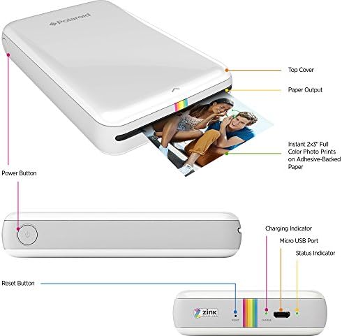 Мини принтер за безжична мобилна фотография Zink Polaroid ZIP (Бял), който е съвместим с устройства с iOS и Android, NFC