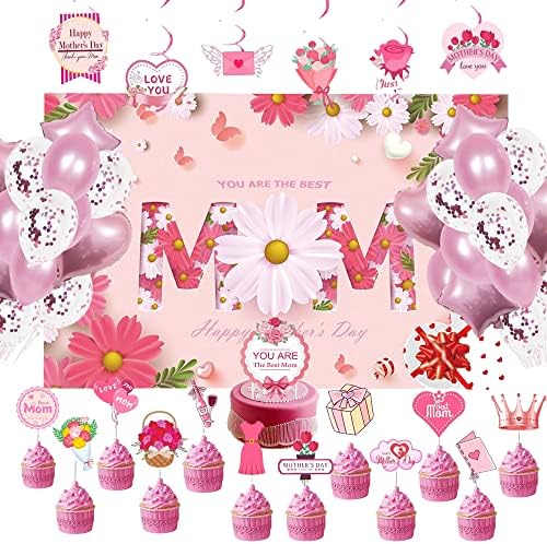Декорации за Деня на майката - 34 бр. Декорация за Ден на Щастливата Майка, в комплект Розов фон с цветя за мама, балони във формата