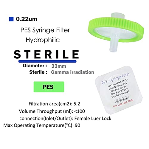Шприцевой филтър Стерилна ПЕС с размер на порите 0,22 микрона, диаметър на мембраната 33 мм, с гидроплитной филтрация на ПЕС