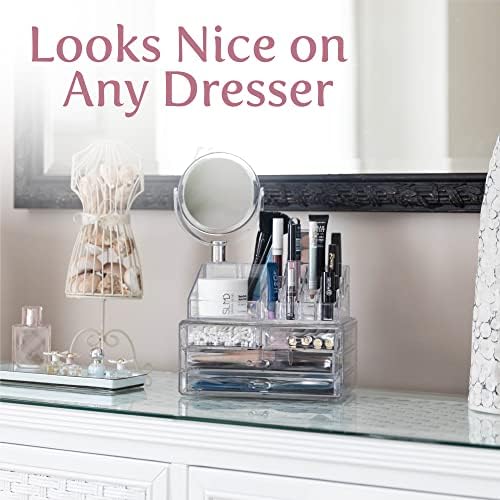 Прозрачен козметични органайзер с огледало - Лесно урежда козметика, бижута и аксесоари за коса. Елегантно изглежда страхотно на вашия
