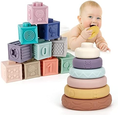 Набор от играчки Mini Tudou Baby Blocks & Stacking Circles, Детски Сензорни Играчки за изграждане и никнене на млечни зъби, Забавни Играчки за изстискване, Игра с Животни, Форми, Текст