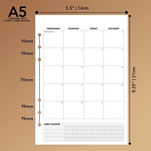Втулки за ежедневника формат А5 с 6 кръгчета - Плътен Кремав цвят на грах, подложка 120 гориво, Хартия, формат А5, Съвместима с Filofax, 6