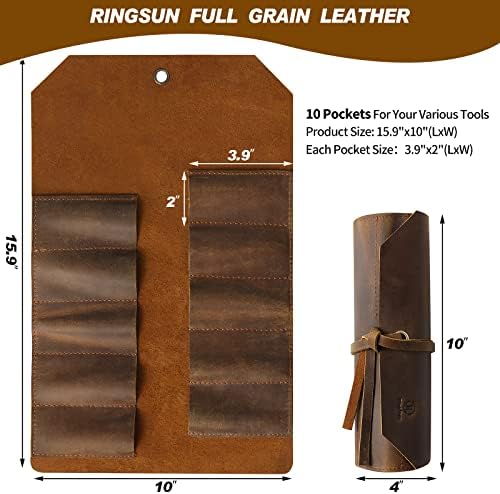 RingSun Чанта За инструменти от естествена кожа (10 Слота), Чанта за длета, Чанта-Органайзер за инструменти, Кафяв, RS120-8