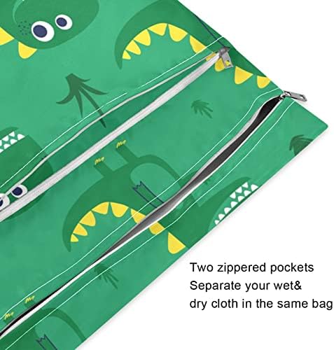 Kigai Сладък Динозавър Мокри и Сухи Чанти за Детски Филтър Непромокаеми Пелени за Многократна употреба Мокри чанти с 2 Джоба с Цип за Пътуване,