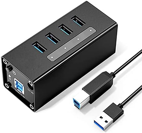 Алуминиев, 4-портов USB3.0 Сплитер USB hub Подкрепа за зареждане на BC1.2 с адаптер на захранване 12V2A за Преносими КОМПЮТРИ и Аксесоари (Черен цвят)