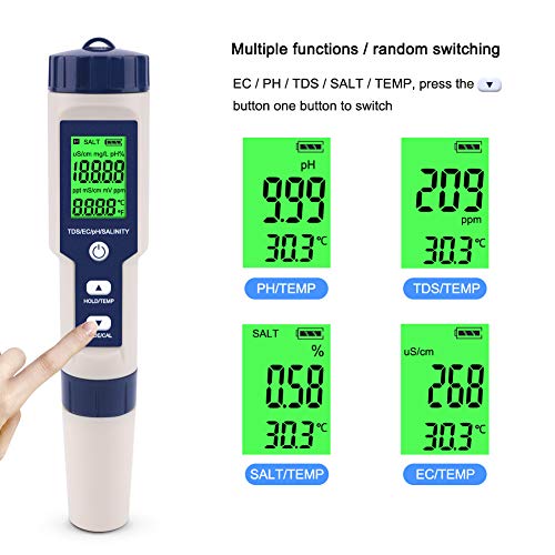Измерване на PH RCYAGO, 5 в 1 Метър PH/ TDS/ ЕО/Солена / температура с ATC, Прецизно тестване на вода с резолюция 0,01 за питейна вода,