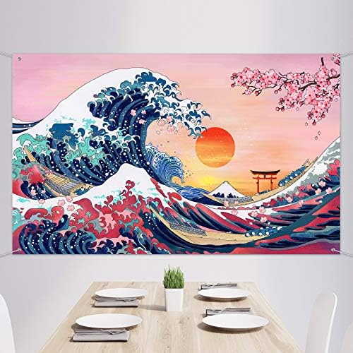 Океанская вълна Гоблен Японски Фон Канагава Голямата Вълна Гоблен Черешов Цвят Природа Залеза на слънцето на Фона на Стенен