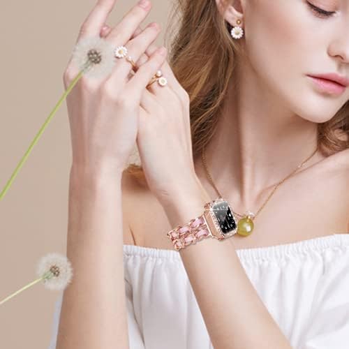 Mazuboho Съвместим с Apple Watch Band 44 мм + Защитно покритие с диаманти на екрана, може да се регулира лесно, за жени, Бижута Гривна,