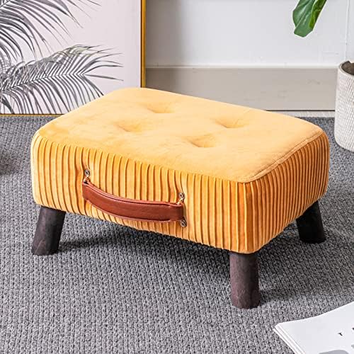 Малка табуретка за краката DURFII, правоъгълна поставка за краката от оранжево кадифе, нощни стол с дървени крака