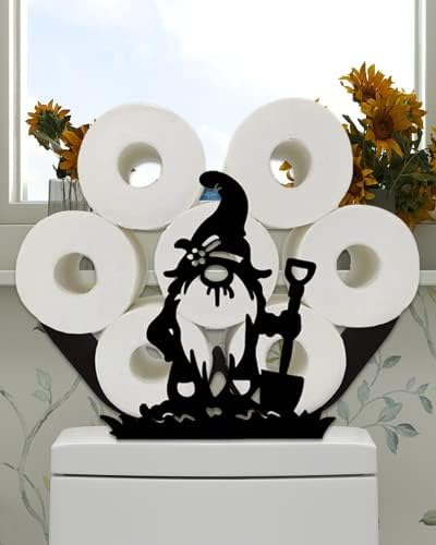 Декоративни Черни Държачи за Тоалетна хартия с Забавен Гномом, Метален Отделно Стои Черен Държач за Тоалетна хартия, Рафтове