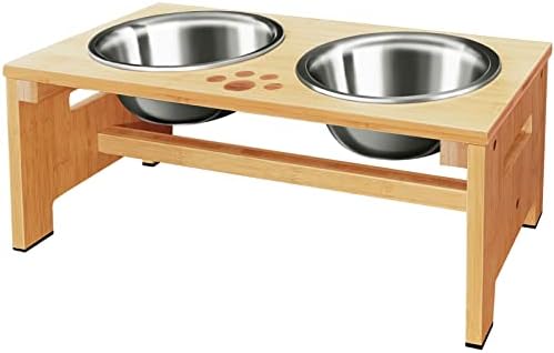 Купички за кучешка храна и вода – Висококачествена дървена поставка за кучешки миск с мисками от неръждаема стомана – Двойна ясла