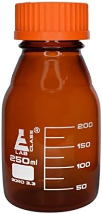 Флакон за реактиви EISCO, 250 мл - Стъкло с Кехлибарен цвят - Оранжев майната-надолу капак, Пръстен за наливане Без капки - Бяла Класификация - Лаборатория Borosilicate стъкло 3.