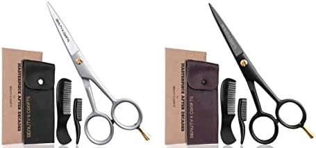 Комплект за красота и бродерия от 2 професионални немски ножици за оформяне на брада и мустаци с гребен и чанта за носене - 1 черен и 1 сребърен