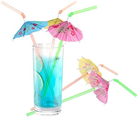 100 бр. Чадър за Еднократна употреба Извити сламки за пиене, за плажна партита Luau Hawaii Гъвкави сламки с красиви хартиени чадъри, са подходящи за вашите коктейли и друг?