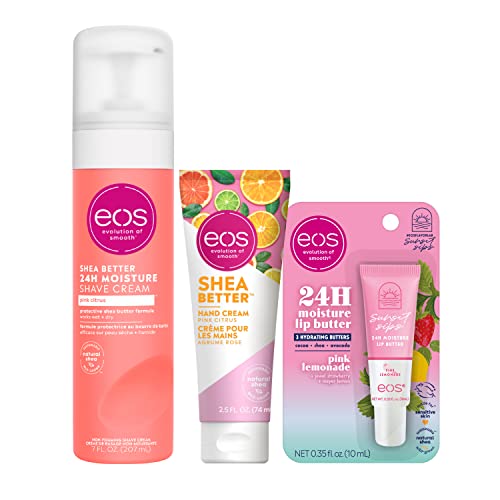 eos Citrus Skin Care Трио - Включва Розов крем за бръснене с цитрусови + Крем за ръце и масло за устни Pink Lemonade, 24-часова