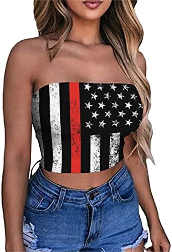 Американски флаг Майк жени секси Звезда шарени съкратен топ без презрамки печат на 4-ти юли топик без ръкави, с отворена на гърба
