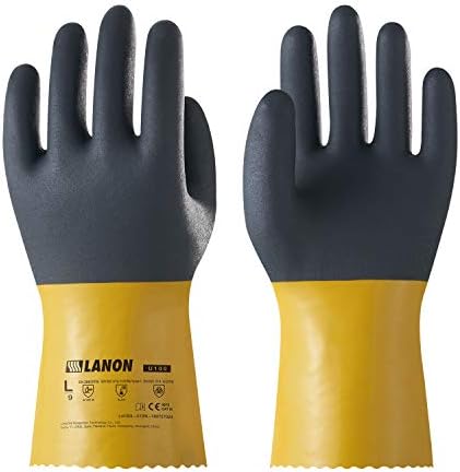 Ръкавици за химическа промишленост, PVC LANON, Работни ръкавици от дебела гума, Тежкотоварни, EN 374/388, За киселини, основи