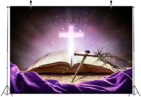 BELECO 5x3ft Текстилен Фон с Библейски Кръст, Лилаво Свети Светлина, Светлината е Разпънат на кръст, Венец от тръни, Вяра в Бога,