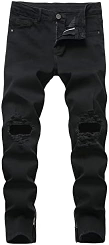 Мъжки скъсани тесни дънки, зауженные надолу коляното крака отвори цип на глезените дънки, молив, панталони слаб унищожени дънкови панталони (Черен,40)