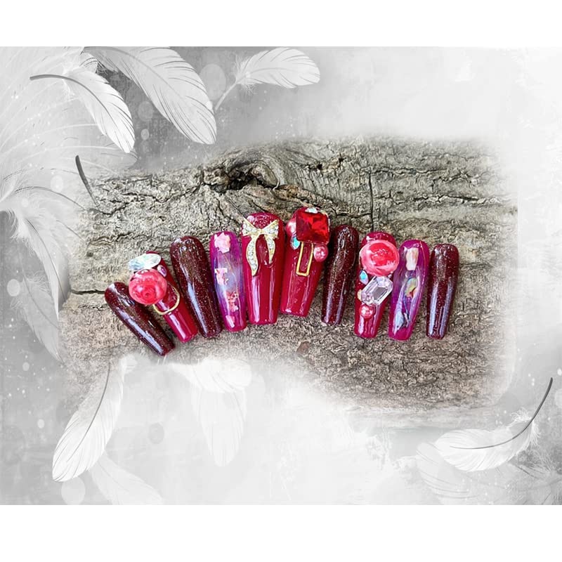 Комплект изкуствени режийни нокти 10 бр., фигура от розово стъкло, дизайн рози с камъни на червен фон, подаръци за жени и момичета