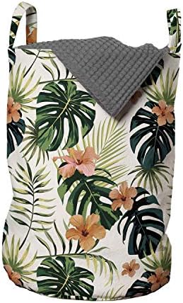 Чанта за дрехи Ambesonne на Хибискус, Тропически цветя в естествени цветове, Кошница за дрехи с дръжки, Закрывающаяся на