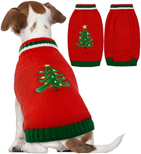 Коледен Пуловер за кучета Kuoser, Вязаный Пуловер за домашни любимци с Шарени Елхи, Топло Зимно Облекло за Кутрета за Малки до Средни Кучета,