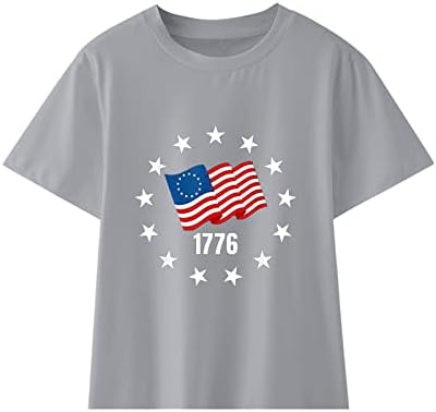 Тениска на Деня на Независимостта за момичета, Тениски За деца, Върхове С Писмото Принтом Звезди, Тениска С Къс Ръкав и Кръгло