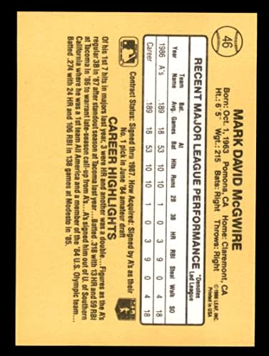 1987 Donruss 46 Марк Mcgwire Оукланд Атлетикс (Бейзболна картичка) NM / MT Атлетикс