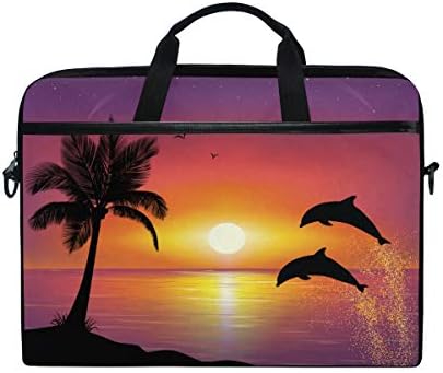 MRMIAN Палми и Делфини по Залез слънце на плажа Калъф за лаптоп, чанта-Месинджър през рамо, Портфейл-трансформатор, с джоб на ремешке за