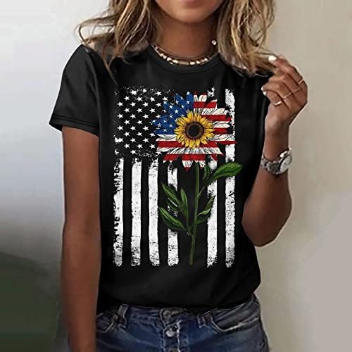 Момичета Crewneck Памук Американски Флаг Слънчоглед Цветен Графичен Блуза, Тениска за Жени Лято Есен 0S 0S
