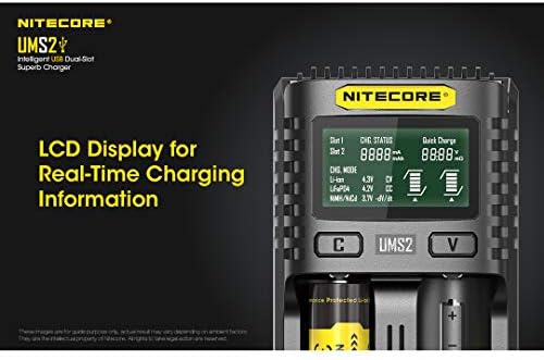 Nitecore UMS2 Интелигентна USB-бързо зарядно с два слота за литиево-йонна батерия/Ni-MH/Ni-Cd/IMR 16340 14500 18650 21700 20700