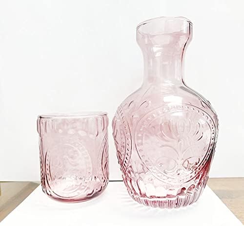 Нощни Нощен Гарафа за вода с освобождаване на стъкло в стил Роктренд в Ретро стил с Чаша за Чаши, Кана и Чаша за Нощно Комплекта-Розов