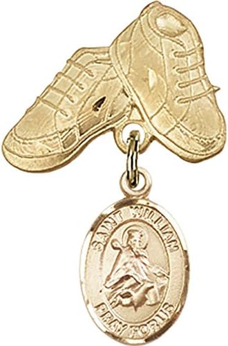 детски икона от Жълто злато 14 карата с талисман Свети Вилхелм Рочестерского и игла за детски сапожек размер 1 X 5/8 инча