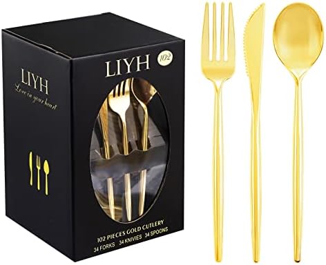 LIYH 102 бр. златни Пластмасови прибори за хранене, прибори за хранене за еднократна употреба с здрав дизайн за модни партита, сватби, мероприятия