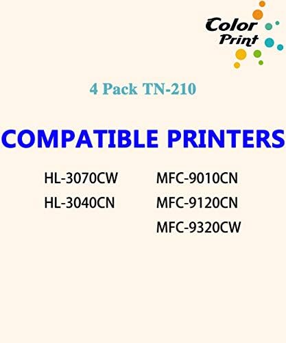 Подмяна на касетата с тонер ColorPrint, съвместим с TN210, от 4 опаковки за Brother TN-210 TN210BK, използван за принтер MFC-9325CW MFC 9320CW 9120CN 9125CN MFC-9010CN HL-3075CW 3070CW HL 3040CN 3045CN (BK, C, M, Y)