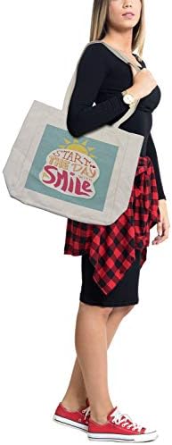 Чанта за пазаруване Ambesonne Positive Energy, Дизайн с надпис Започнете деня с усмивка и думите Слънце, Екологично чанта за Еднократна
