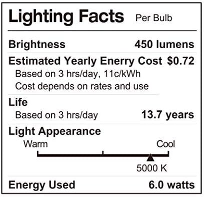 Led лампа LUNO A19 без регулиране на яркостта, 6,0 W (еквивалент на 40 Вата), 450 Лумена, 5000 К (дневна светлина), Средна база