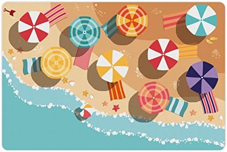 Foldout Плажен подложка за домашни за храна и вода, Лятото на Брега на морето с Разноцветни Чадъри, Плосък Дизайн Звезди, Изглед