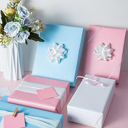 Пакет от Дебела амбалажна хартия LeZakaa с лъкове, подарочными бирками и панделка - 30 x 120 инча ролка - Розово, Бяло и светло синьо дизайн