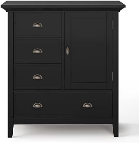 Преходен шкаф за съхранение на средния размер на SIMPLIHOME Redmond от масивно ДЪРВО с ширина 39 инча, черен на цвят, с 3 Малки чекмеджета,