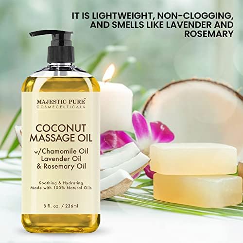 Масажно масло MAJESTIC PURE Coconut - Ултра-Плъзгаща се формула с успокояващ аромат - Лечебен масаж с натурални масла - За всички типове кожа, за мъже и жени - 8 течни унции (опак