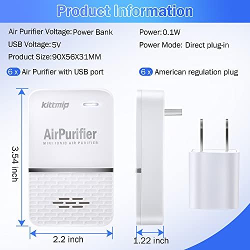 Kittmip 6 Опаковки Йонизатор за Пречистване на въздуха за дома, USB plug преносим мини-без филтри за пречистване на въздуха с озон, отрицателни йони, Двойна функция за Баня,