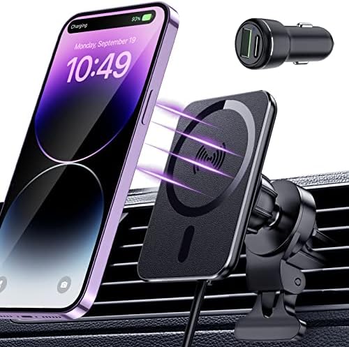 Miroddi 2023 Подобрени зарядно MagSafe [Подходящ за неравни пътища] Бързо зарядно MagSafe мощност 15 W, Магнитно Безжично зарядно за кола с вентиляционным отвор за iPhone серия 14/13/12